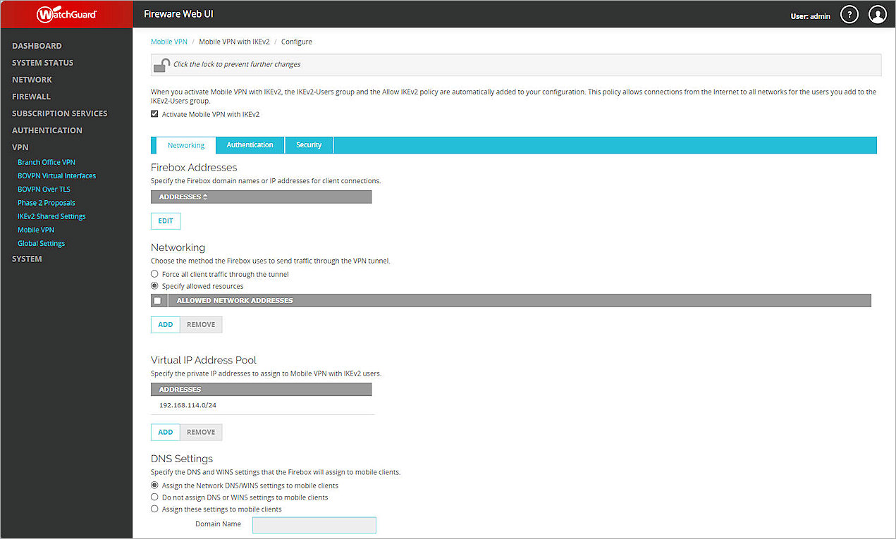 Screenshot of Firebox, IKEv2 Networking